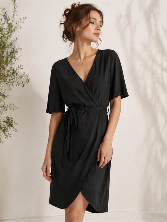 Eileen Fisher Dresses & Skirts - EILEEN FISHER Black Wrap Dress Womens Size 14 Tencel Short Sleeve Midi Minimal